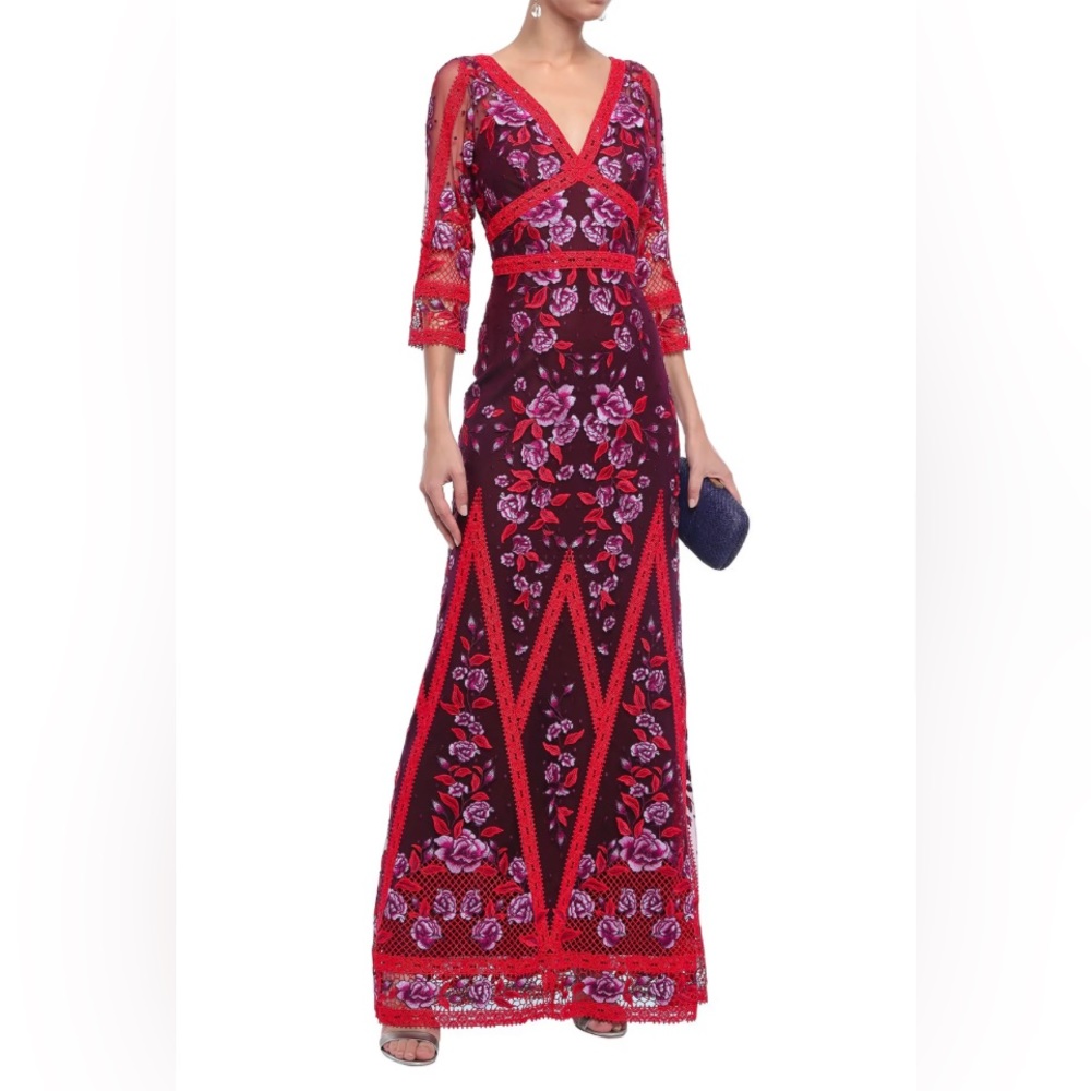 MARCHESA NOTTE Wine floral lace mesh embroidered gown red pink purple size 0